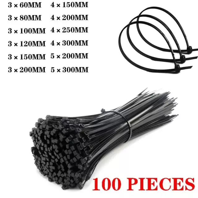 100x Cable Ties Zip Ties Nylon UV Stabilised Bulk Black Cable Tie Anti-Corrosion