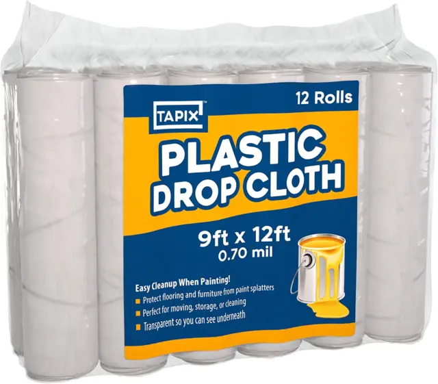 Painters Plastic Drop Cloth (12 Pack), 9X12 Feet, Plastic Tarp Dust Cover, Plast