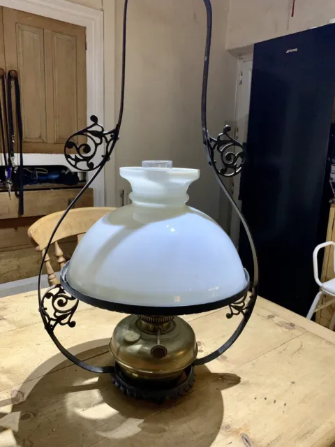 Victorian Ceiling Hanging Oil Lamp Complete Milk Glass Burner Chimney  RARE 1