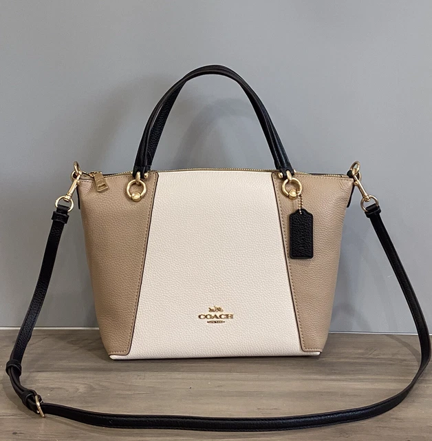COACH C6841 Kacey Satchel Bag Colorblock Refined Pebble Leather Chalk Tan Black