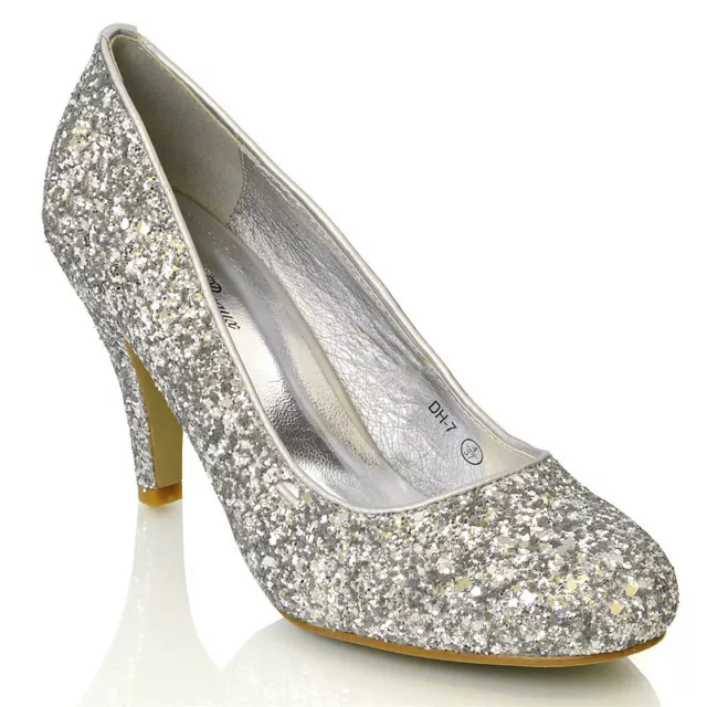 Womens Glitter Shoes Bridal Slip On Low Heel Ladies Evening Party Courts Size