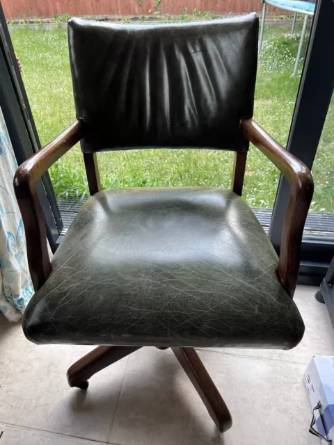 Antique Hillcrest Green Leather Captain Admirals Swivel office chair