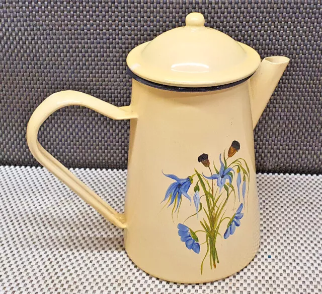 Antique Coffee Teapot Enamelled Yellow Flower Blue Painted Vintage Decoration