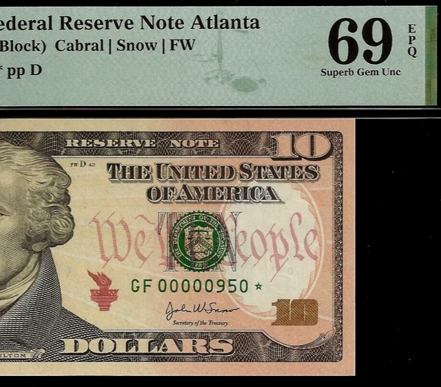 2004A $10 Federal Reserve Note Atlanta PMG 69EPQ TOP POP low serial Fr 2039-F*