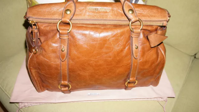 MIU MIU Vitello Lux Large Bow Satchel in Palissandro Brown Leather  - Preowned
