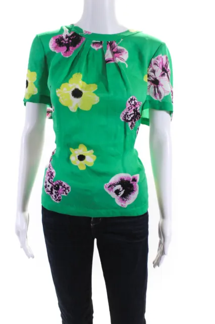 J Crew Womens Silk Floral Print Low V Back Short Sleeve Blouse Top Green Size M