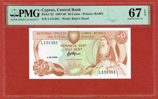 CENTRAL BANK OF CYPRUS 1. 10. 1988 50 CENTS BABN (PICK#49a) PMG SUPERB CU 67 EPQ