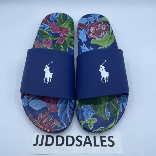 Polo Ralph Lauren Big Pony Navy Garden Floral Tropical Slides Sandals Brand New