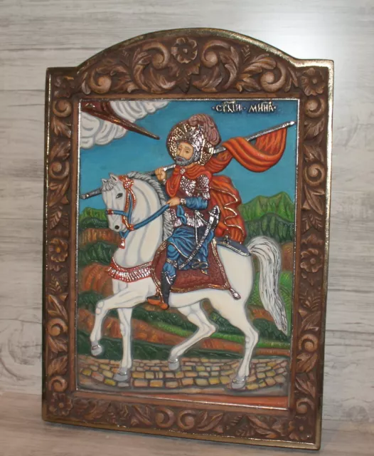 Saint Menas a caballo ortodoxo hecho a mano icono
