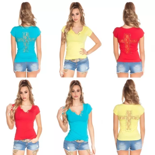 T shirt da donna maglia maglietta top scollo a v aderente estiva in pizzo