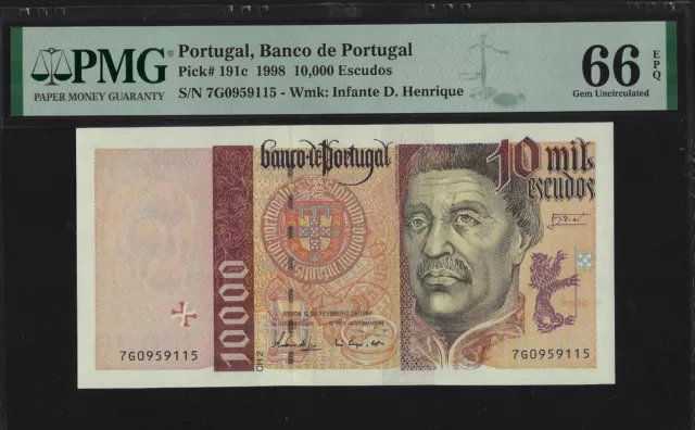 PORTUGAL  10000 Escudos 1998 P-191 GEM  UNC GRADED 66