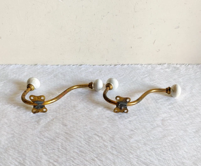 1920s Vintage Victorian Ceramic Knobs Ornate Brass Wall Hanger Hook 2 Pcs M322 6