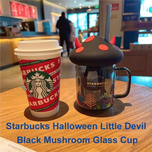NEW Starbucks Black Halloween Mushroom Tumbler Mason Straw Cup W/ Coaster  Topper