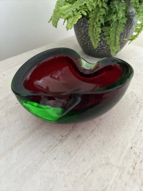 Murano Summerso Italian Art Glass Red Cased In Green Bowl Vintage