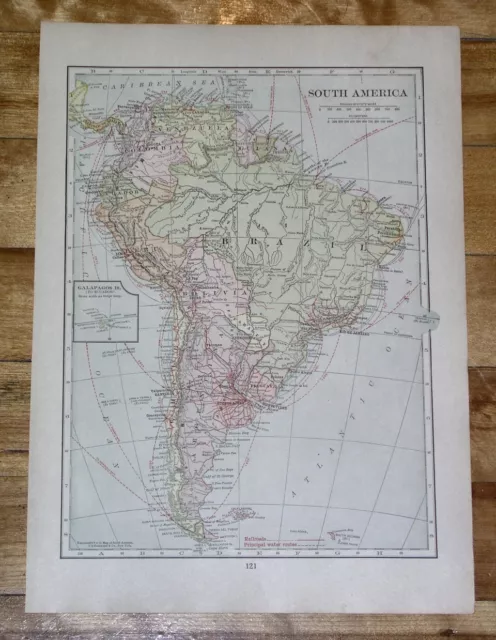 1918 Original Antique Map Of South America Political / Climate Weather