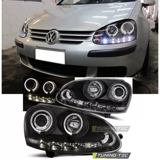 Fari Anteriori Nero Angel Eyes + Led Per Vw Golf 5 03-09 Fanali New Lights