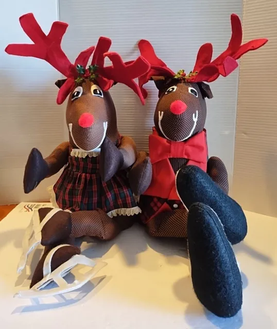 14" Large Red Nose Pair Reindeer Shelf Mantle Sitter Christmas Decor Ice Skates