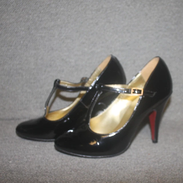 FAITH TBAR BLACK Patent 'Cleala' Shoes Size 4 Court Heels Retro Trim Style £13.00 PicClick UK