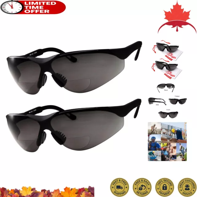 2 Pack Bifocal Safety Sunglasses - Black Lens, Adjustable Arms, UV400 Protection
