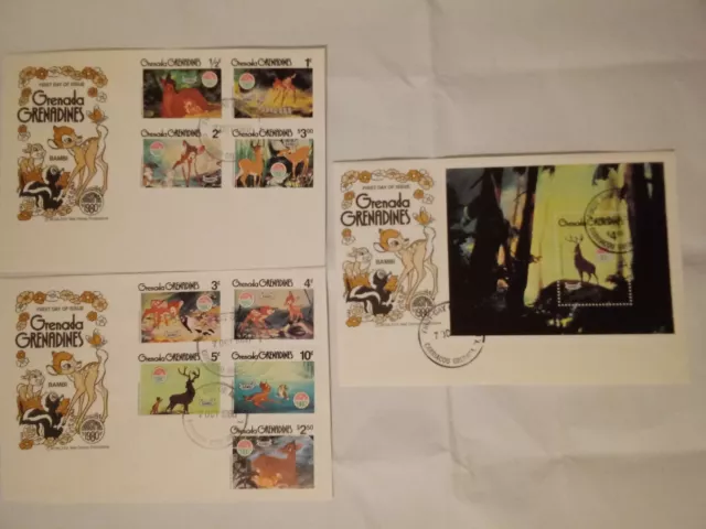 1980 Set of 3 Disney BAMBI Stamps & Souvenir sheet FDC Grenada Grenadines