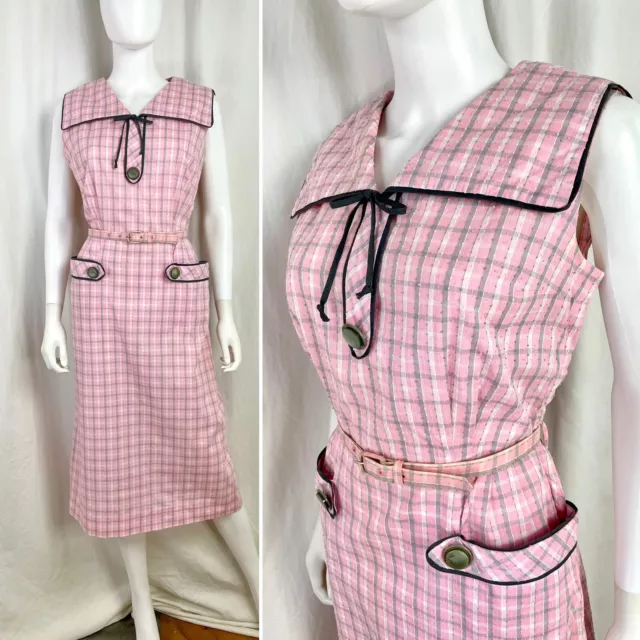 Vintage 50s Medium Large Mardene pink plaid nubby cotton belted pencil dress