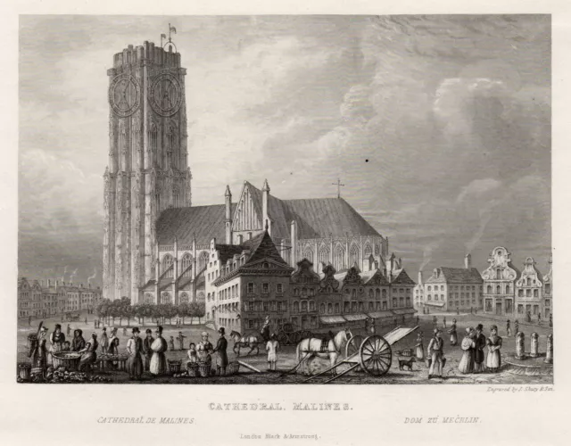 Belgien Mechelen Marktplatz Original Stahlstich Shury 1837