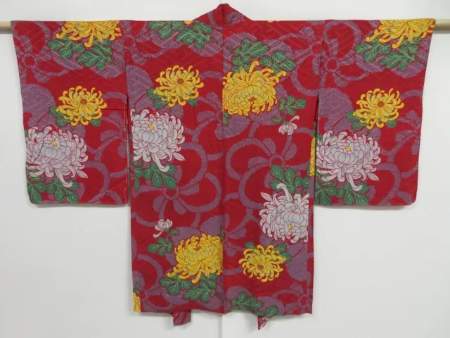 0929i02z350 Antique Japanese Kimono Silk HAORI Dark red Chrysanthemum
