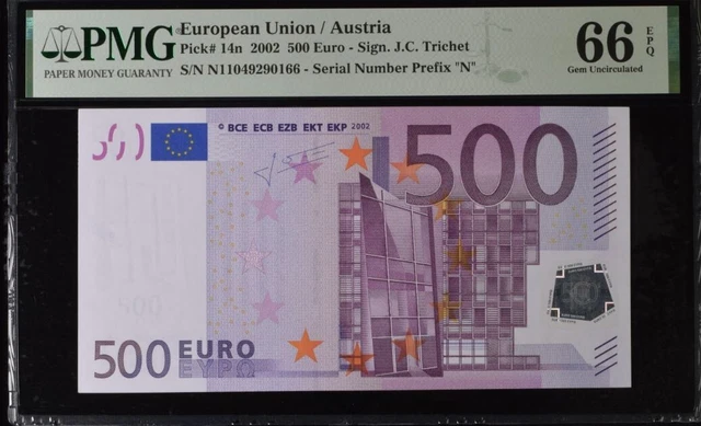 GEM UNC 500 Euro Austria European 2002 Trichet P14n F005 PMG 66 EPQ N11049290166