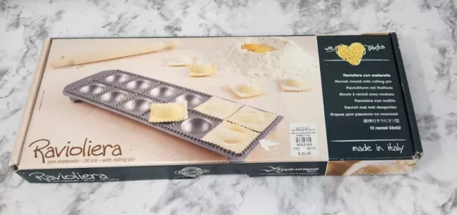 Williams Sonoma Ravioliera Ravioli Pasta Maker 12 Mold Metal Tray & Rolling Pin