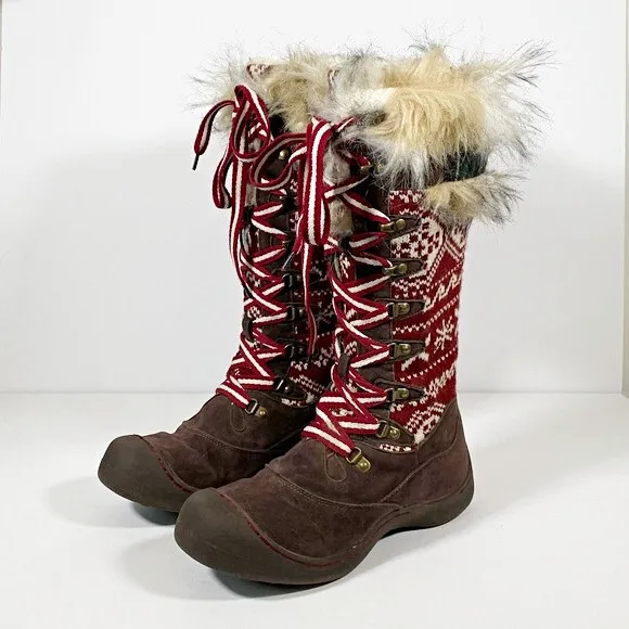 Muk Luks Gwen Brown Suede Red Knit Faux Fur Lace Up Knee High Boots~8~