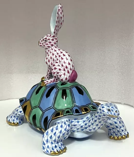 Herend Kingdom Classic -  Large Tortoise & Hare - Pink + Blue Fishnet