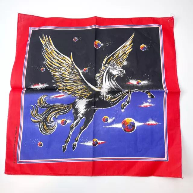 Vintage 80’s Space Unicorn Cotton Blend Bandana Scarf 22” RN 14193 Red Black USA