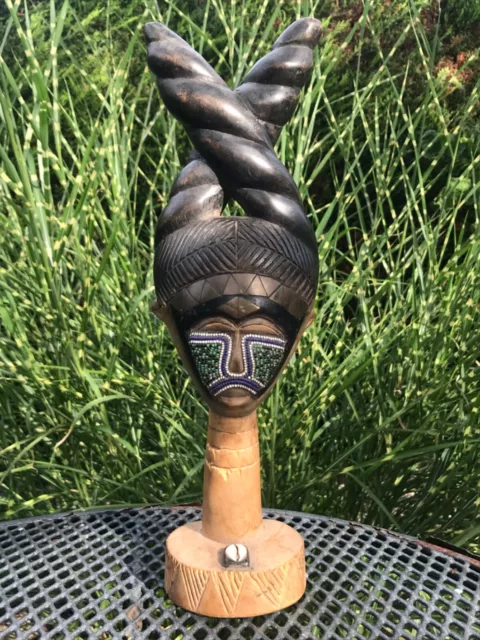 Vintage Ashanti wooden carving female with beads, brass, shell an unusual hair