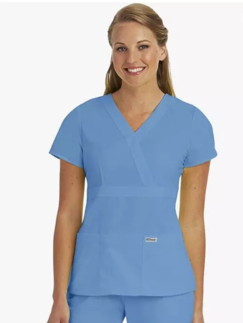 NWT Greys Anatomy 3 Pocket Mock Wrap Scrub Top Barco # 4153 MED Ciel Blue