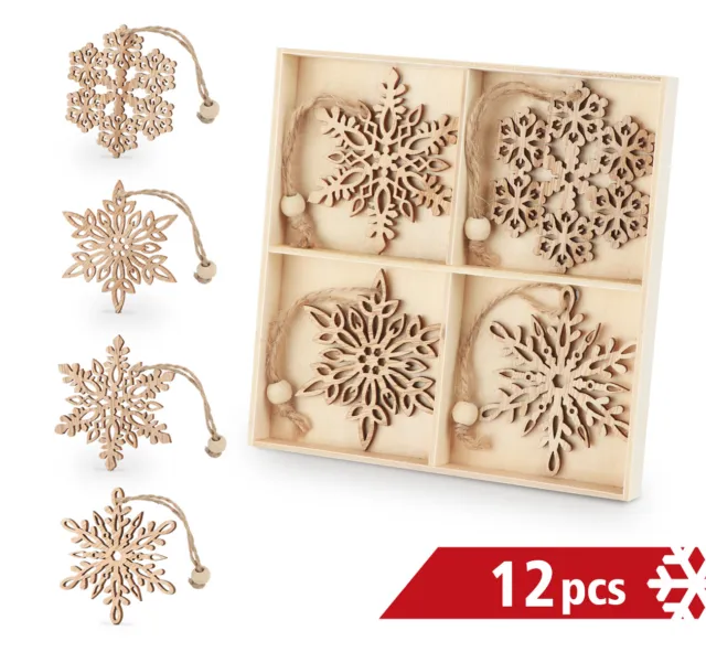 12 Stücke aus Holz Schneeflocke Christbaumschmuck Baumschmuck mit Saiten Set