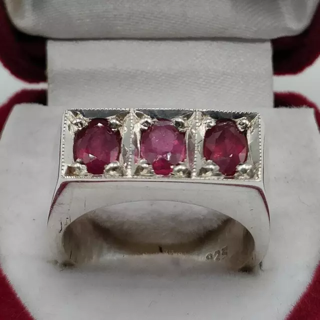 Natural Unheated and Treated Deep Dark Red Burmese 3 Stone Burmese Ruby Ring 2
