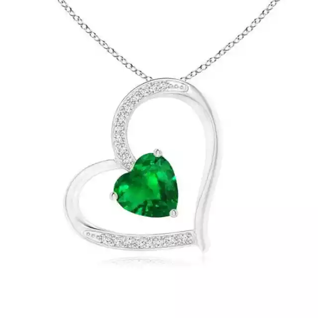 ANGARA 6mm Natural Emerald and Diamond Tilted Heart Pendant Necklace in Silver