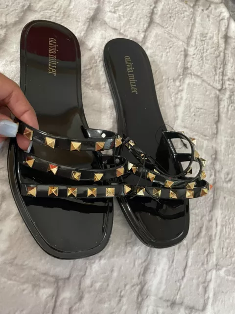 Women’s Olivia Miller Studded Jelly Black Sandals Size 8 New