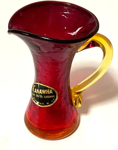 Kanawha Amberina Hand Blown Crackle Glass Pitcher w/applied handle