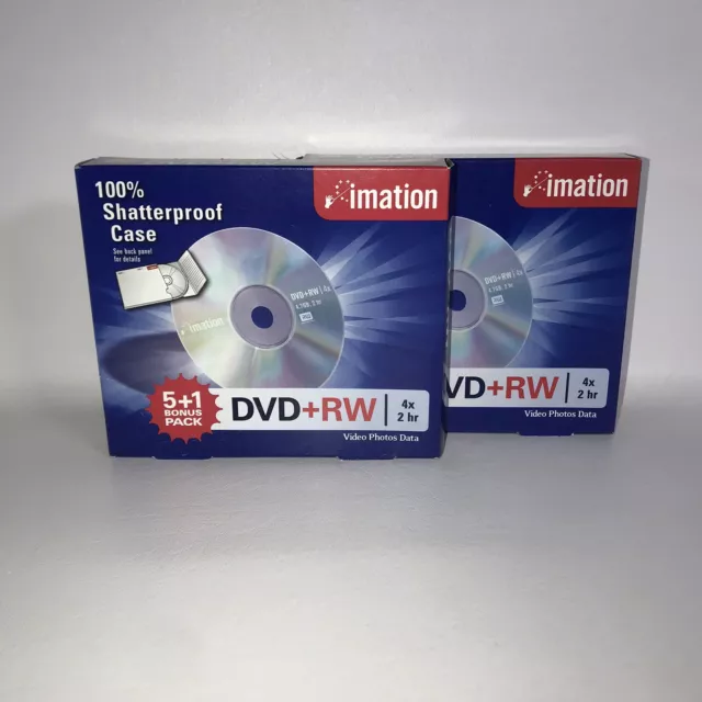 Imation 6 Pack X 2 DVD+RW 4x 2 hour CD Discs w 100% Shatterproof Case Video Data