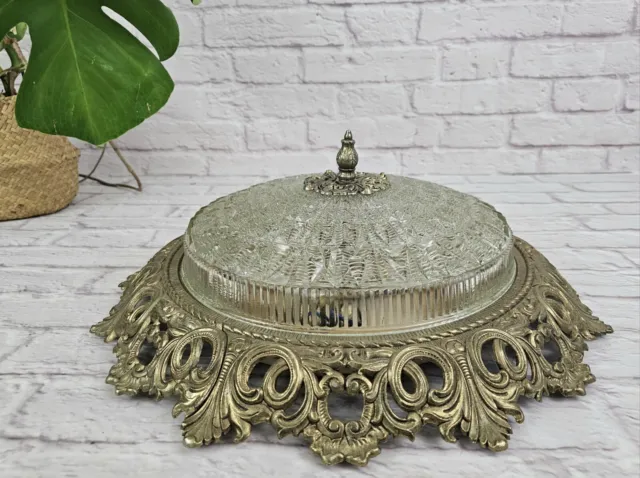 Vintage Brass & Glass Ceiling Mount Light Fixture French Style Large 21"