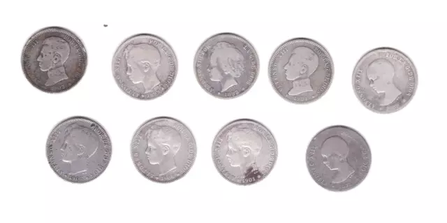 Alfonso XIII : Lote de 9 monedas de 1 Peseta ( plata ) DIFERENTES ( A examinar )