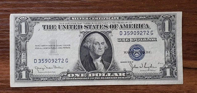 1935 D $1 One Us Dollar Silver Certificate Blue Seal Note Banknote Uncirculated