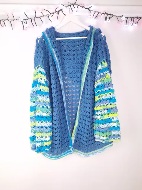 GORGEOUS HAND KNITTED Chunky CROCHET KNIT HOODED CARDIGAN COATIGAN ONE SIZE