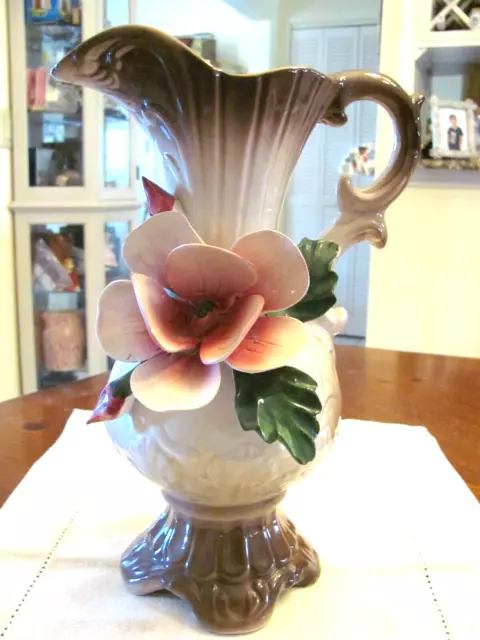Vintage 'Nuova Capodimonte' Italy 11 1/2" Pitcher Ewer Applied Pink Flowers Exc