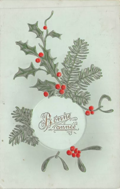 Cartolina Fantasia, Buona Anno , Ramo Di Agrifoglio & Albero Natale, Rilievo