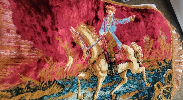 Vintage Chenille Soldier and Horse Tapestry 38x20 inches