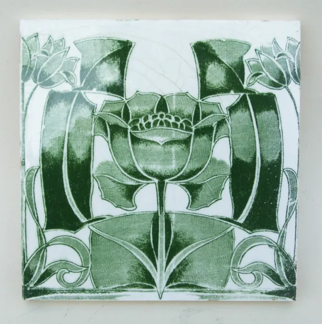 Good Original Antique Art Nouveau Glazed Green Printed 6" x 6" Tile