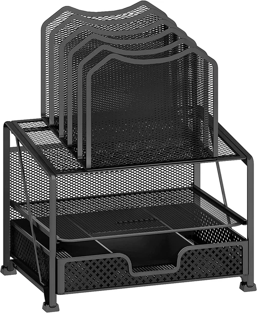 Mesh Desk Organizer with Sliding Drawer, Double Tray with 5 Sections File Booksh