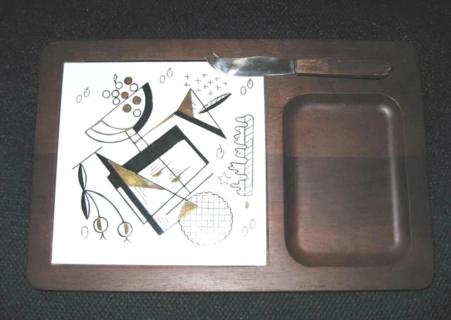 Mid Century Modern Maison Ceramic Tile Wood Tray Cheese Board Knife 60's Atomic